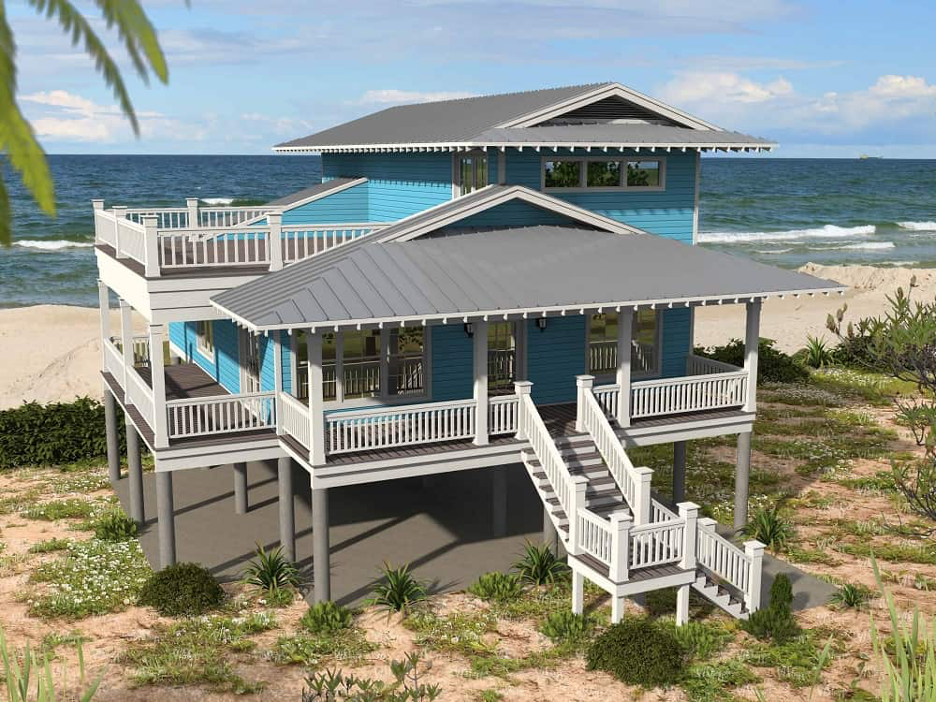 Classic Key West style oceanfront home on stilts with bright blue exterior and wraparound porches on 2 levels