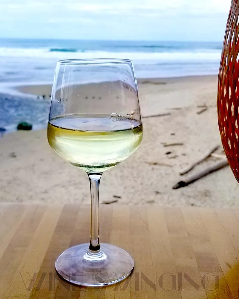 Glass of Pinto Gris by the ocean