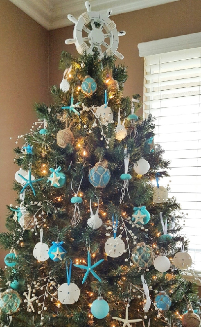 Coastal Christmas tree with blue and white ornaments