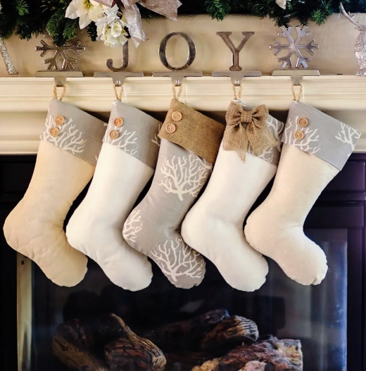 Coral and burlap stockings