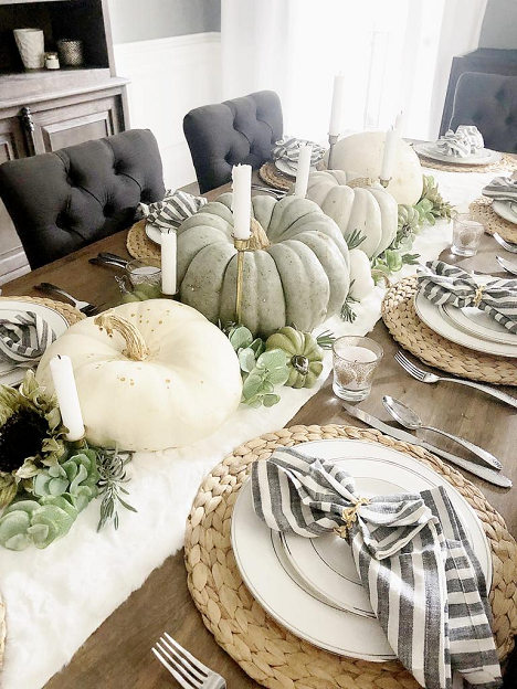 Thanksgiving tablescape with white and green pumpkins