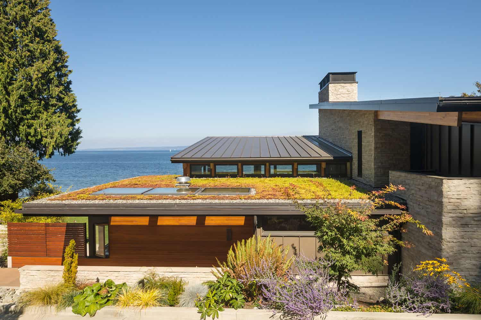 Home on Bainbridge Island featuring a green roof. Sustainable and green architecture