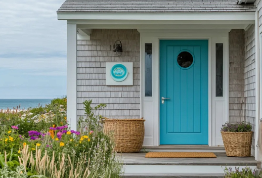 Beachfront home with a vibrant turquoise front door with walkway flanked with flowers and foliage and ocean in the backdrop