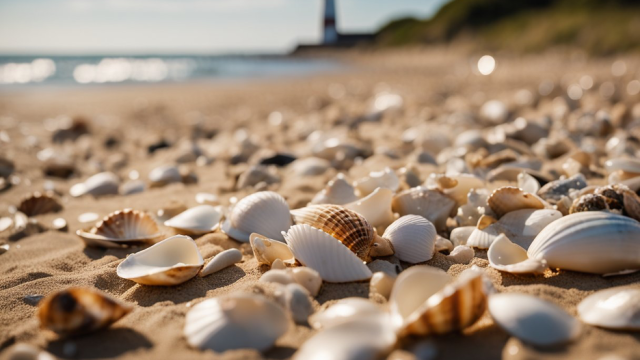 Long Island, New York, beach covered with seashells with ocean and lighthouse in backdrop