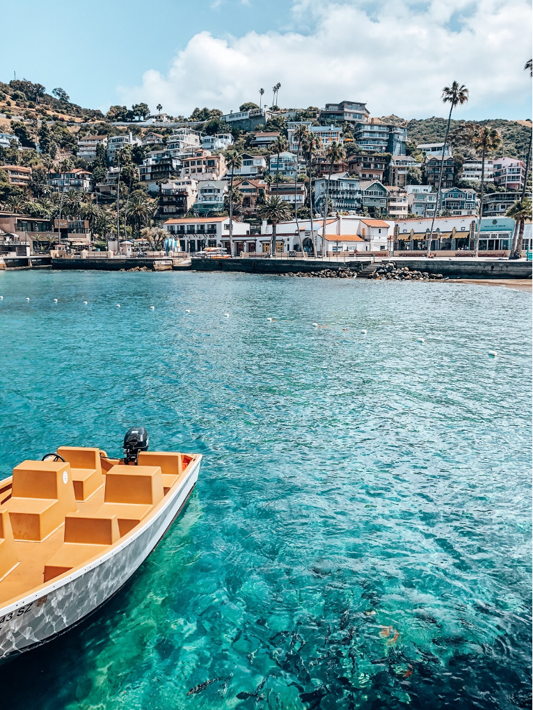 Catalina Island, California, with gorgeous hillside homes and palms n the backdrop and crystalline turquoise waters in the foreground with an orange motor boat