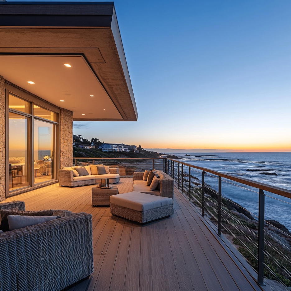 Sealed and refreshed decking for a coastal home with composite decking and an ocean backdrop at sunset