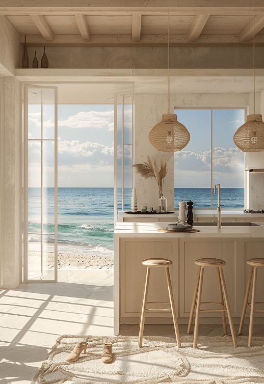 Beautiful coastal kitchen bathed in neutral tones with island, counter stools, pendant lights, and gorgeous ocean view