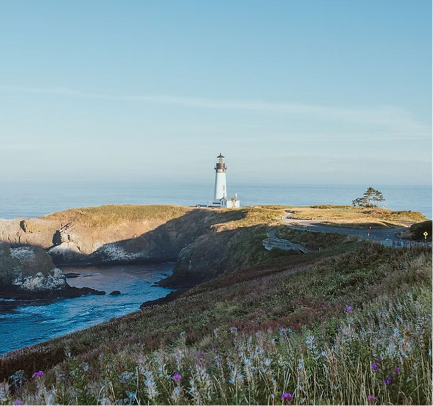 Agate Beach State Recreation Site, Newport, Oregon with rugged landscape, coastline, and lighthouse in the background