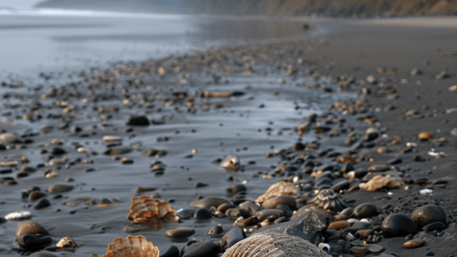 seashells along the beaches of the Oregon coast, with ocean and rugged coastline in the background