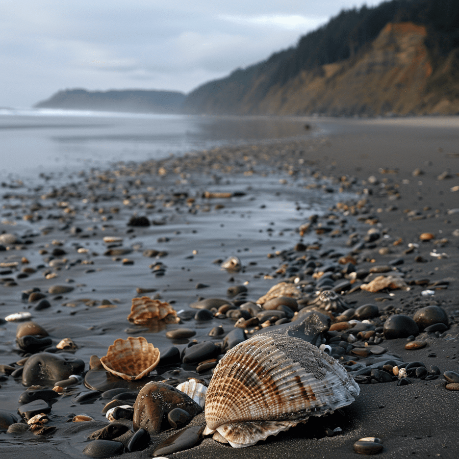 seashells along the beaches of the Oregon coast, with ocean and rugged coastline in the  background