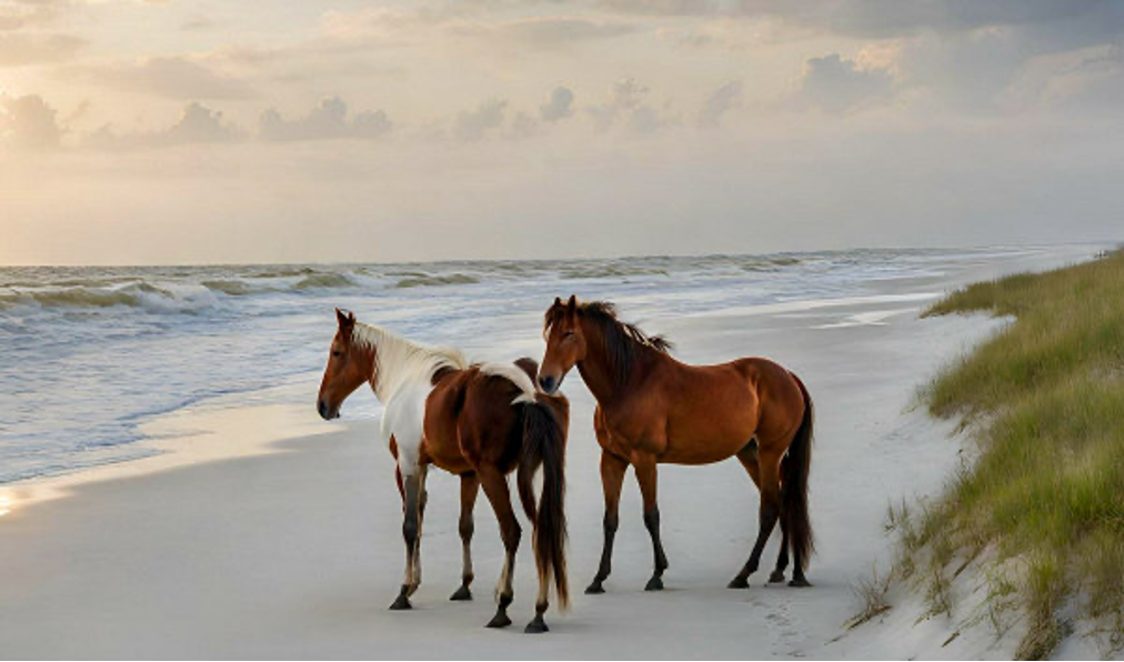 A pair of wild horses on the sandy beach of Cumberland Island National Seashore – St. Marys, Georgia