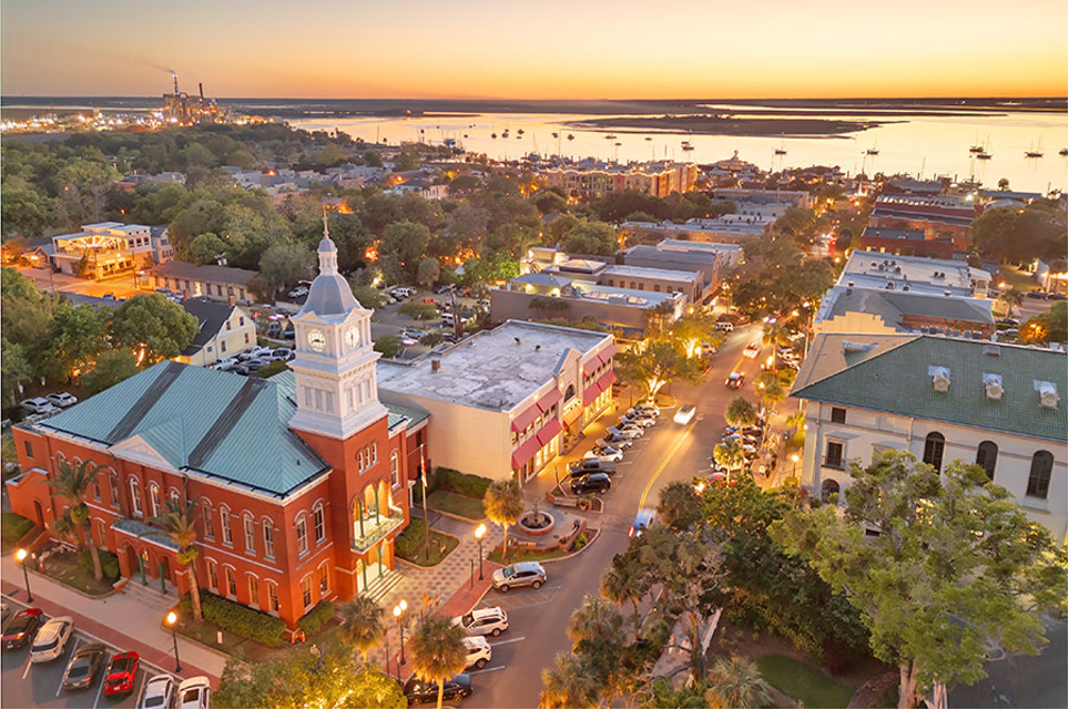 a beautiful aerial view of the town and the shoreline outskirts of Amelia Island – Fernandina Beach, Florida