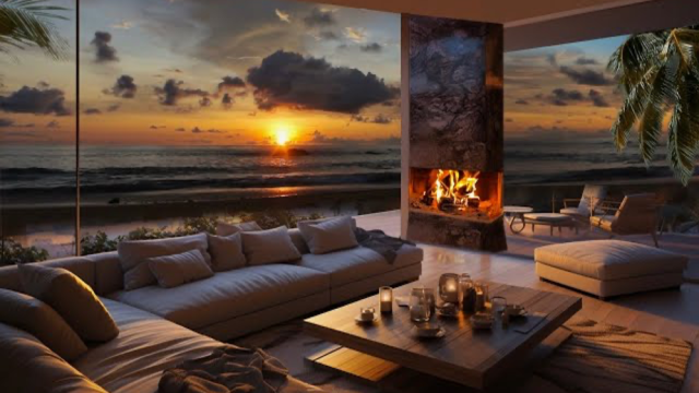 dreamy seaside covered loggia with outdoor fireplace, lounge furniture, and ocean waves in the background