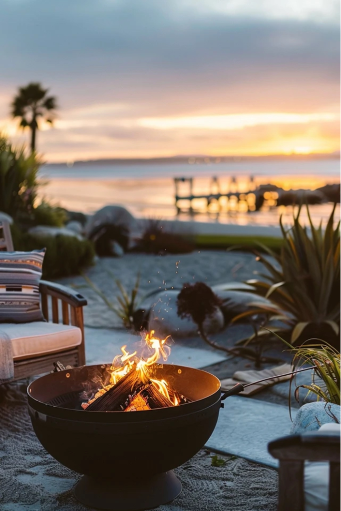 Simple Tropical Fire Pit by the Beach (Gulf Coast and Texas) in a sandy backyard with tropical foliage, palm trees, and ocean at sunset