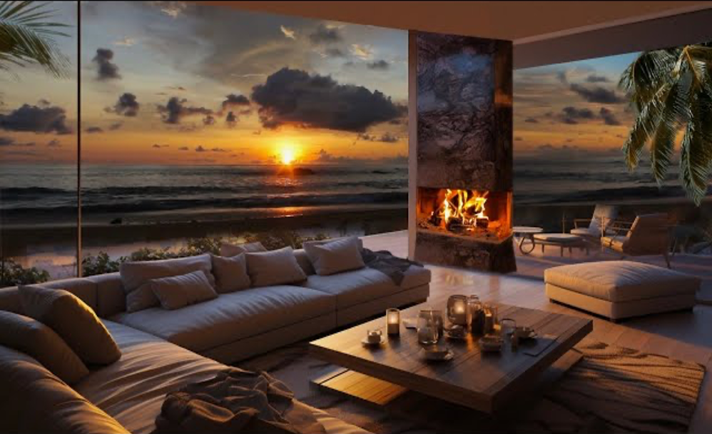 dreamy seaside covered loggia with outdoor fireplace, lounge furniture, and ocean waves in the background
