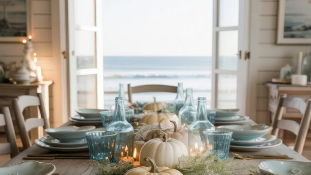 Thanksgiving tablescape in a beach home with a beautiful coastal-inspired palette, white pumpkins, aqua table runner, and open doors in background revealing an ocean view.