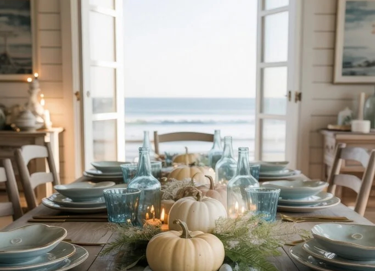 Thanksgiving tablescape in a beach home with a beautiful coastal-inspired palette, white pumpkins, aqua table runner, and open doors in background revealing an ocean view.