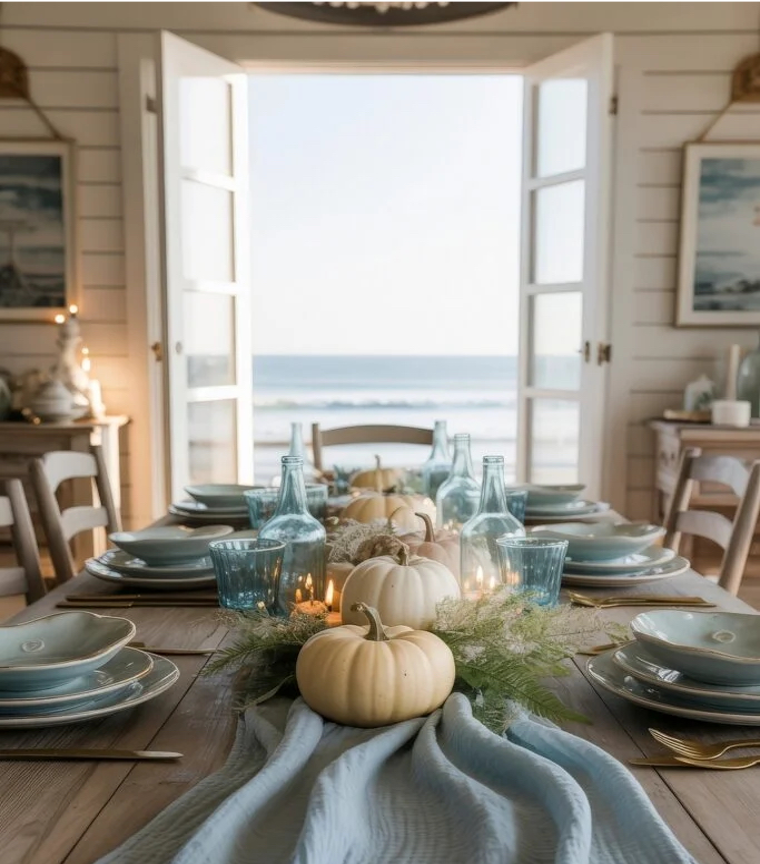 Thanksgiving tablescape in a beach home with a beautiful coastal-inspired palette, white pumpkins, aqua table runner, and open doors in background revealing an ocean view.