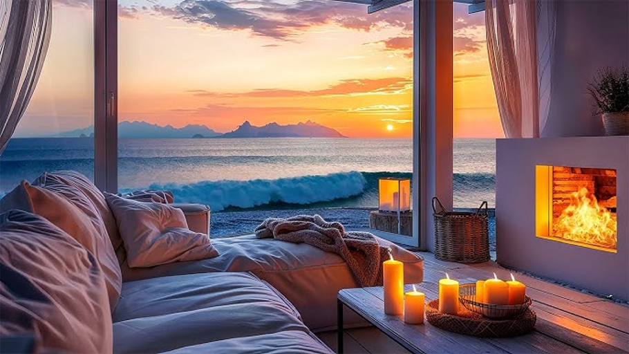 dreamy coastal setting in winter with candles, fireplace, cozy textiles, sunset in background
