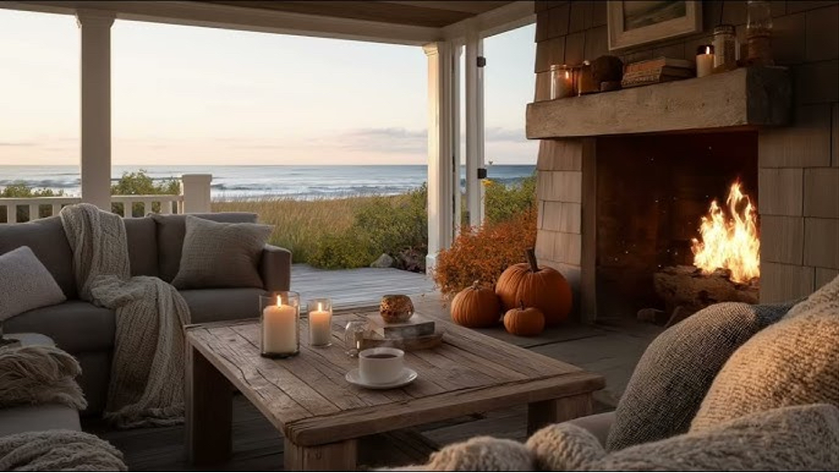 Reimagine Outdoor Living for the Cold Season with cozy seating, blankets, fireplace, pillows, warm drinks