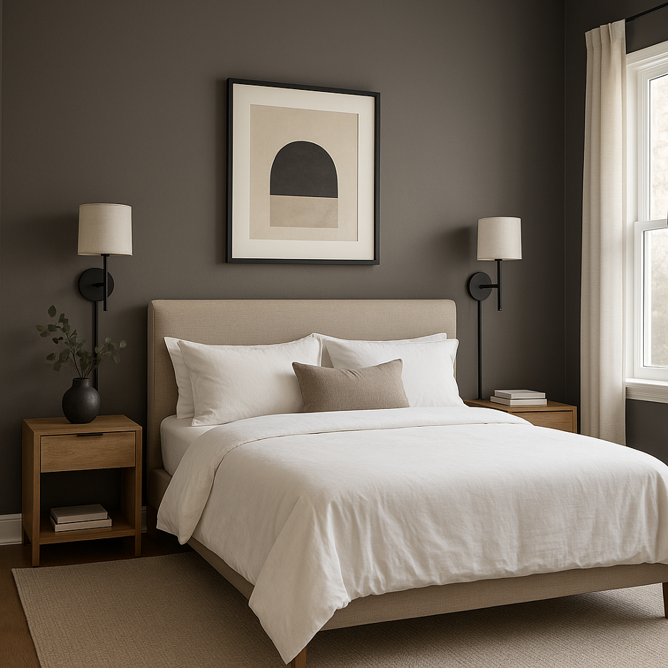 bedroom painted in Benjamin Moore’s Color of the Year 2026, Silhouette AF-655