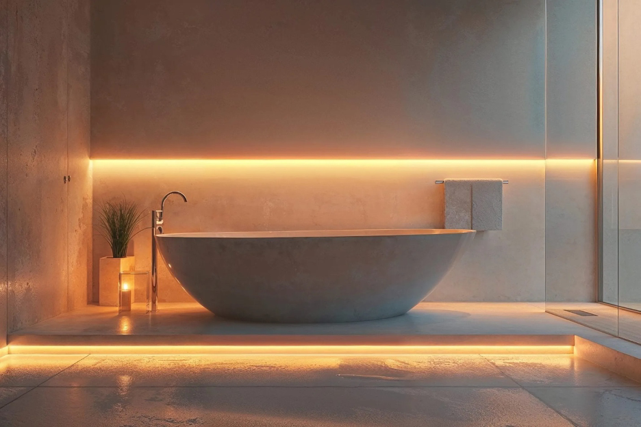 Layered Lighting & Cordless Lamps in a luxurious coastal home bathroom spa