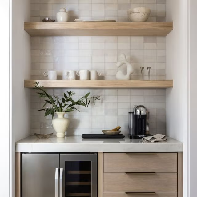 Built-In Beauty with Backsplash and Floating Shelves for a nook-style coffee bar
