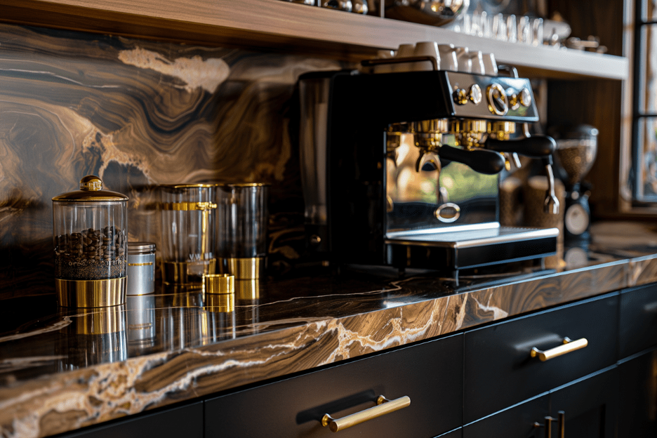 a coffee bar with polished glamour using stone, marble, reflective surfaces.

