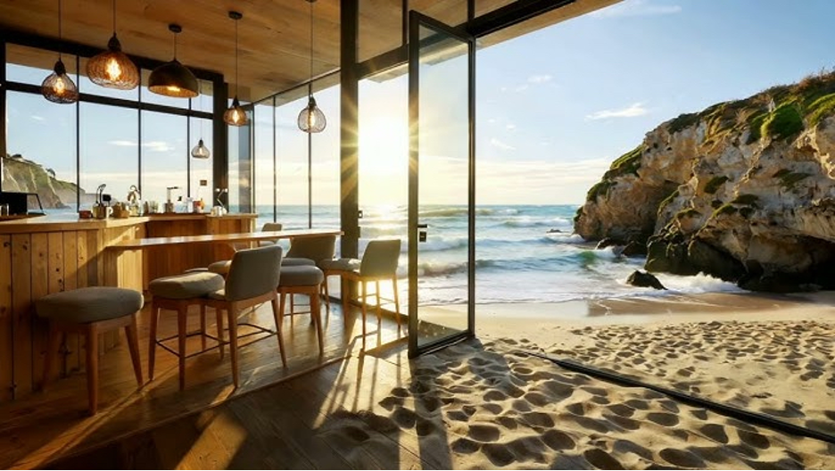 an oceanside coffee bar surrounded by sand with ocean in the background
