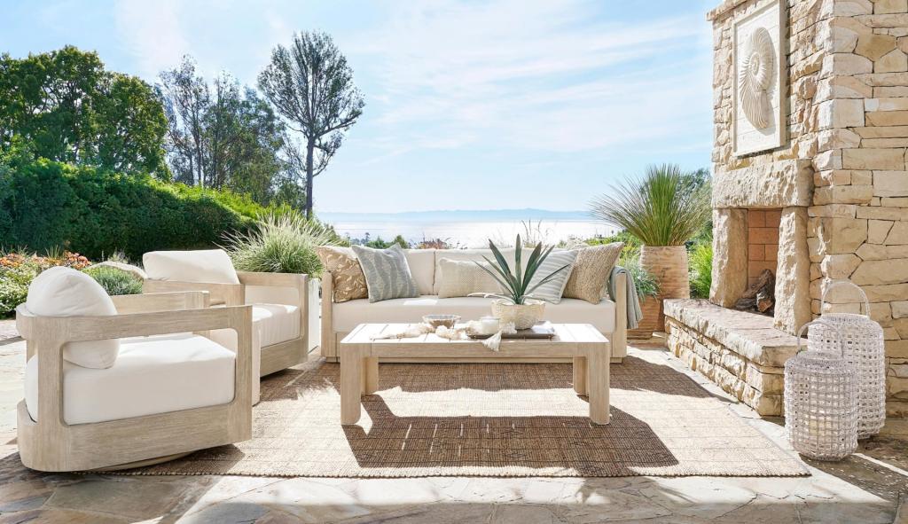 Coastal outdoor living space, featuring furnishings from PotteryBarn