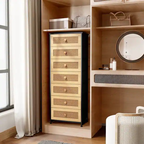 Vertical Dressers with Drawer Organization Systems to optimize storage in a beach guest room

