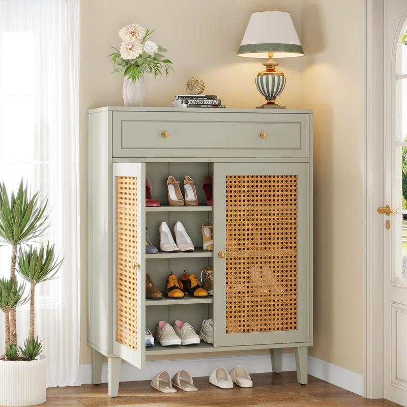 Shoe Cabinets, Storage Ottomans, and Soft Bins to optimize storage in a beach guest bedroom

