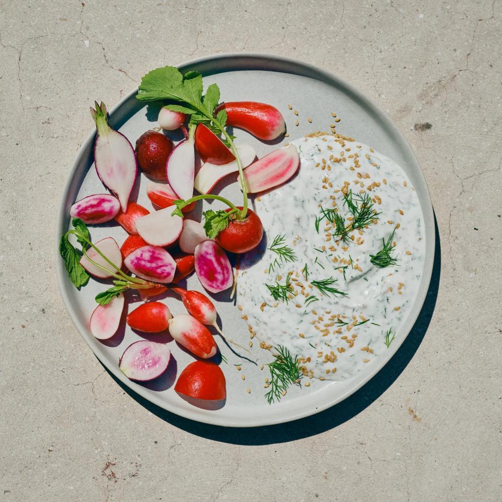 radishes witb sesame yogurt dip