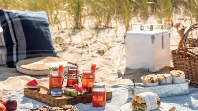gourmet picnic spread for Memorial Day on the beach