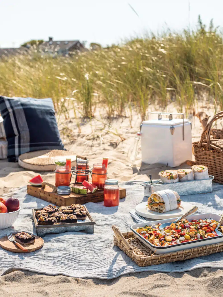 gourmet picnic spread for Memorial Day on the beach