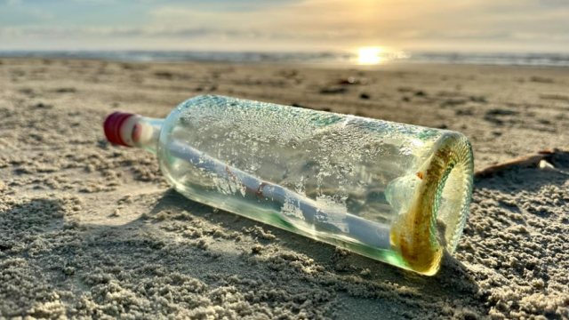 A bottle washed up on the sandy shores along the Gulf Coast of Texas