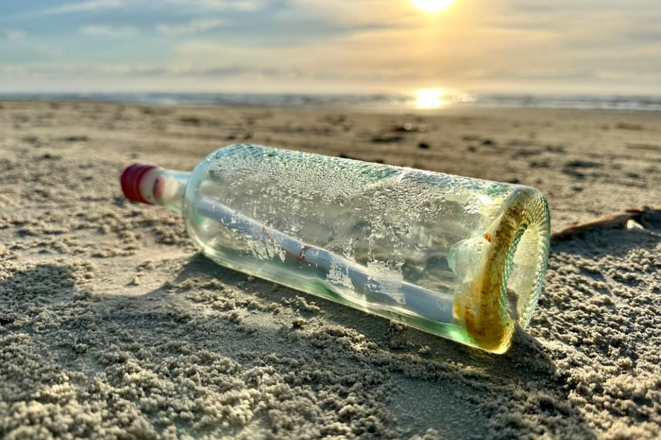 A bottle washed up on the sandy shores along the Gulf Coast of Texas
