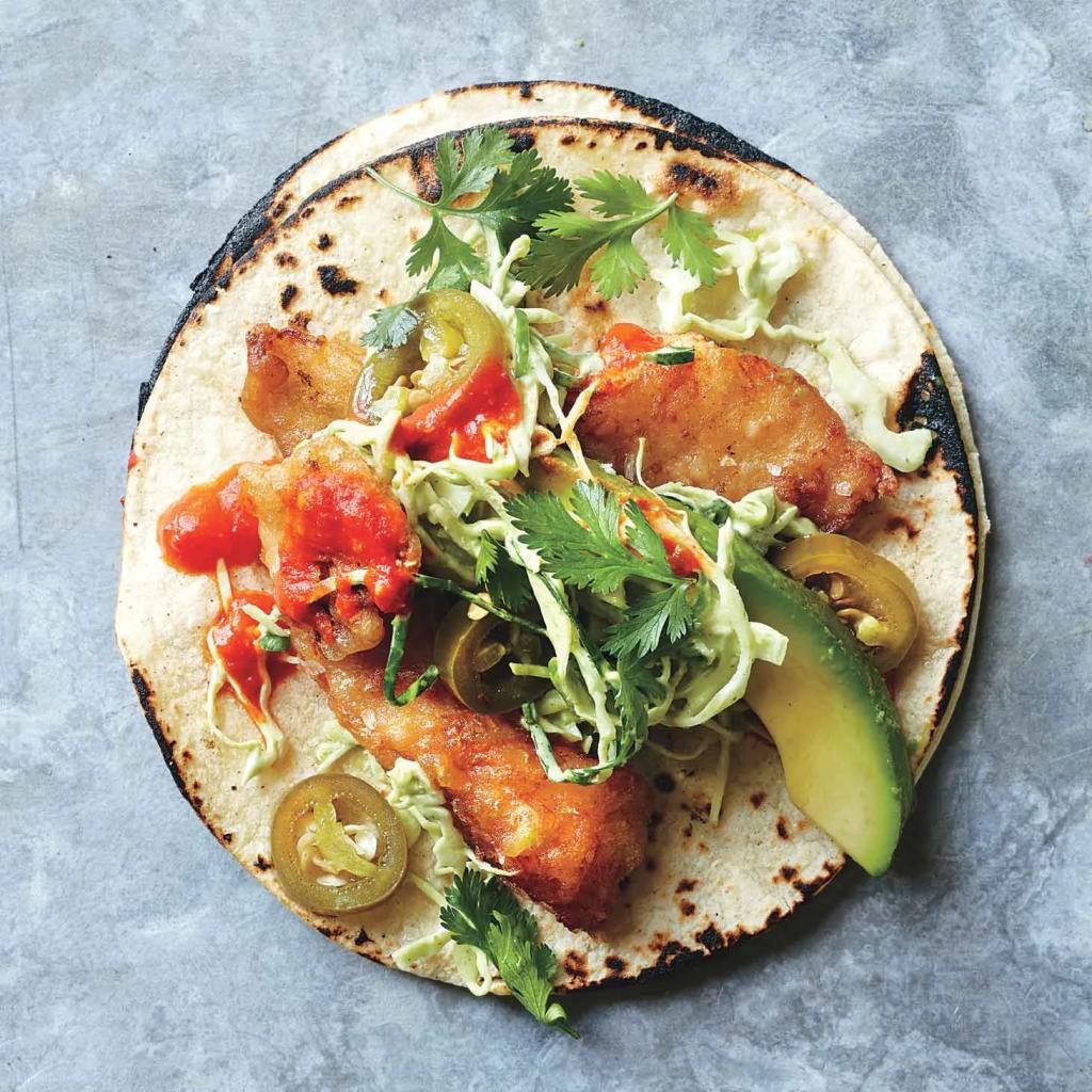 Perfect crisp fish tacos with herb slaw (Bon Appetit 's variation of Crispy New England-Style Cod Tacos with Herb Slaw )