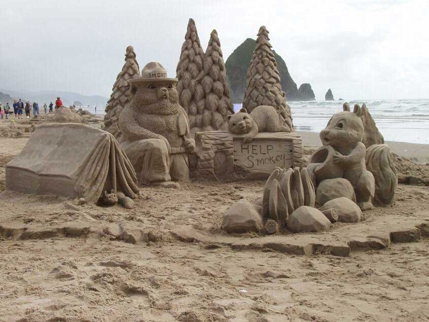 An elaborate sand sculpture on the shores of Cannon Beach, Oregon, during the annual Cannon Beach Sandcastle Contest