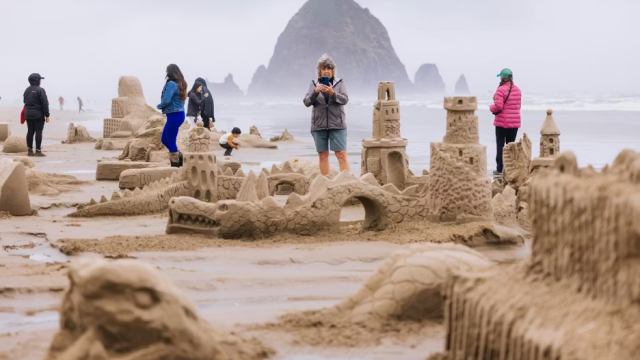 Cannon Beach Sandcastle Contest, 2025, Team Wine Castlers won first place in the large group division for their design, which integrates a dragon into a sandcastle.