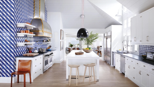 kitchen renovation reveal with blue and white palette in a coastal beach home