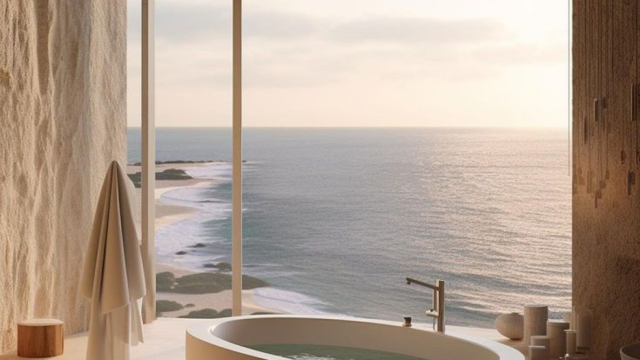 travertine soaking tub in a spa-like bathroom overlooking the ocean