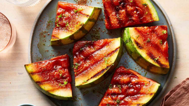 Grilled watermelon wedges on a plate
