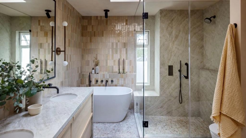 Layered Stone and Textured Finishes in modern spa-like bathroom