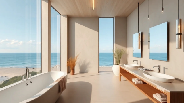 Spa-like bathroom oasis in a beach home overlooking ocean