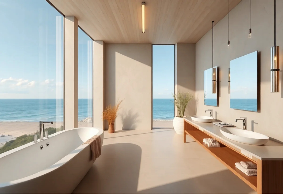 Spa-like bathroom oasis in a beach home overlooking ocean.