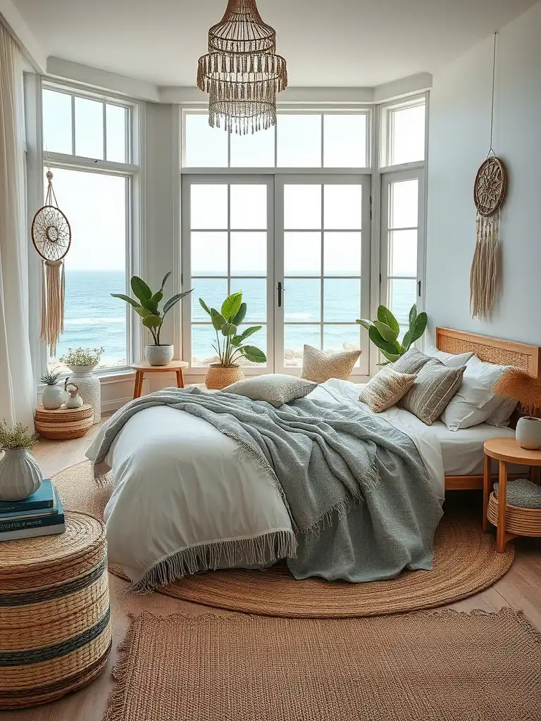 Coastal aesthetic in bedroom with ocean view