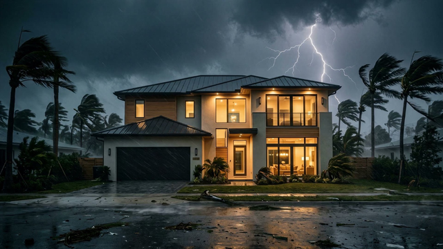 coastal home withstanding ionclement weather conditions, including rain, lightning, and high winds