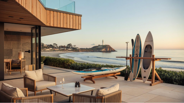 Promising Day at the beach with surfboards, lounge furniture, binoculars, overlooking gorgeous Pacific coastline