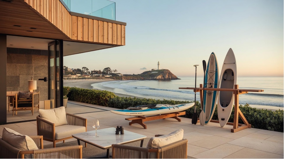 Promising Day at the beach with surfboards, lounge furniture, binoculars, overlooking gorgeous Pacific coastline